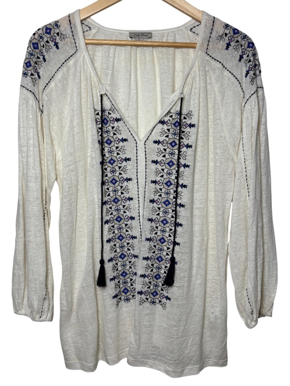 Lucky Brand Boho Peasant Long Sleeve Top Sz Large Embroidered Linen Blend NWOT